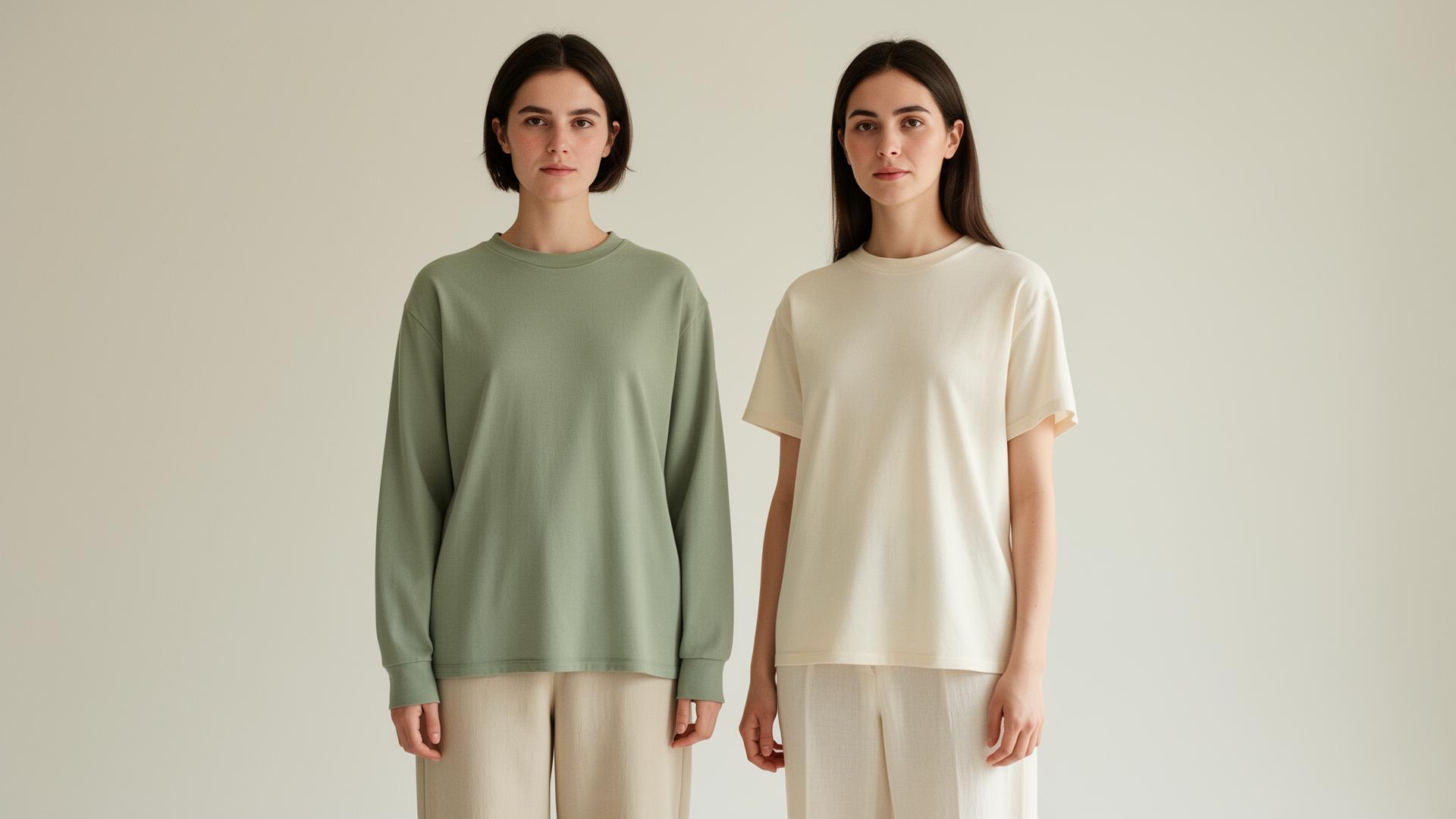 Two models wearing simple casual everyday clothing in sage and cream